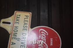 1950s DRINK COCA COLA IN BOTTLES PAINTED METAL TOPPER SIGN PLEASE DRIVE SAFELY