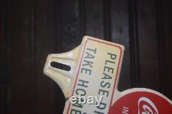 1950s DRINK COCA COLA IN BOTTLES PAINTED METAL TOPPER SIGN PLEASE DRIVE SAFELY