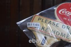 1950s DRINK COCA COLA IN BOTTLES PAINTED METAL TOPPER SIGN PLEASE DRIVE SAFELY