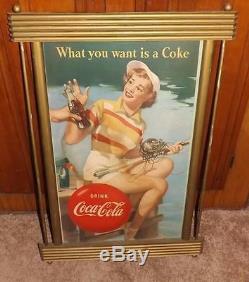 1953 50's Coca Cola Single Side Seasonal Cardboard Litho Sign with Kay Wood Frame