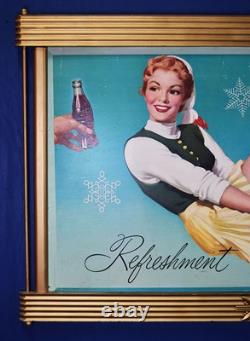 1955 Coca Cola Double Sided Cardboard Sign Wooden Kay Frame 63 Inches Long