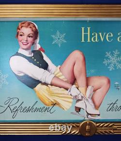 1955 Coca Cola Double Sided Cardboard Sign Wooden Kay Frame 63 Inches Long