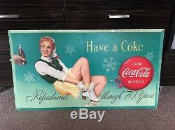 1955 Coca Cola Litho Double Sided Sign with Original Wooden Kay Frame GOOD COND