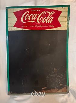 1958-1960s Coca-Cola Fishtail Logo Sign Metal Chalkboard Refreshing New Feeling