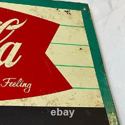 1958-1960s Coca-Cola Fishtail Logo Sign Metal Chalkboard Refreshing New Feeling