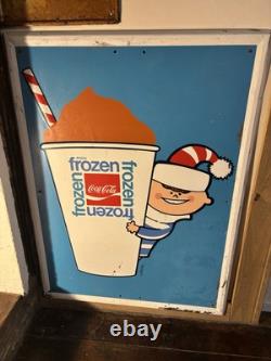 1969 Embossed Frozen Coca Cola Slushy Sign Hills Department Store Christmas Elf