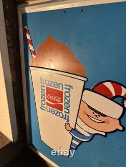 1969 Embossed Frozen Coca Cola Slushy Sign Hills Department Store Christmas Elf