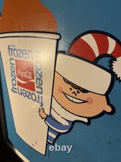1969 Embossed Frozen Coca Cola Slushy Sign Hills Department Store Christmas Elf
