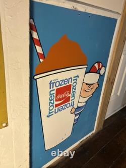 1969 Embossed Frozen Coca Cola Slushy Sign Hills Department Store Christmas Elf