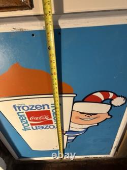 1969 Embossed Frozen Coca Cola Slushy Sign Hills Department Store Christmas Elf