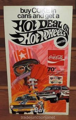1970 USA COCACOLA HOT WHEELS 28.25x16 CARDBOARD STORE DISPLAY SIGN LITHO
