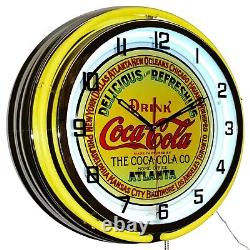 19 The Coca-Cola Co. Sign Double Neon Clock Home Bar Decor (Yellow)
