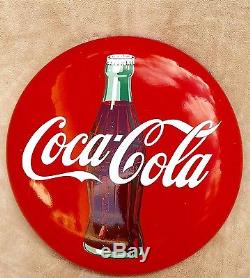 24 inch Coca Cola Porcelain Button Sign with Bottle. 1950's Coke Button Sign