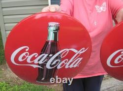 (2) 16 Coca Cola Metal Dome Button Advertising Coke Signs 1950's Diner Style