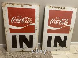 2 Vintage Metal Coca Cola Outdoor Signs Marked as IN 36 x 24 x 1 3/8