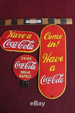 (3) Vtg Coca Cola Porcelain Door push Have a Coke Tin sign nice