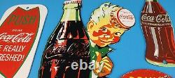 4 Vintage Coca Cola Porcelain Glass Bottles Gas Soda Beverage Service Signs