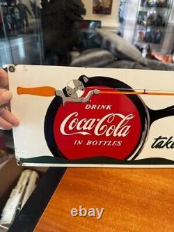 Ande Rooney Porcelain Sign Coca-Cola Coke Take Coke Along Fishing Rod
