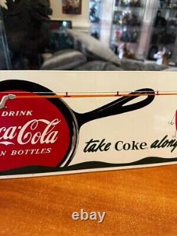 Ande Rooney Porcelain Sign Coca-Cola Coke Take Coke Along Fishing Rod