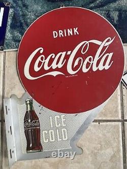 Antique 1949 USA Coca Cola Soda Bottle Metal Flange Art Advertising Double Sign