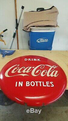 Antique 1950s Drink Coca-Cola In Bottles Button, 36 inch, soda pop sign