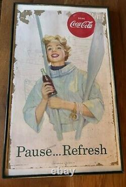 Antique 1957 Coca Cola Coke Cardboard Sign Pause Refresh Nautical Boat Oars Girl