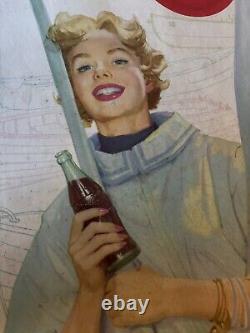 Antique 1957 Coca Cola Coke Cardboard Sign Pause Refresh Nautical Boat Oars Girl