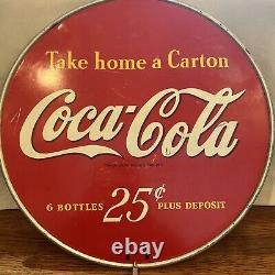 Antique Coca Cola Take Home A Carton Metal Round Double Sided Sign US MADE