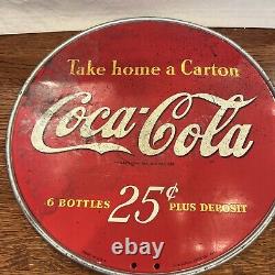 Antique Coca Cola Take Home A Carton Metal Round Double Sided Sign US MADE