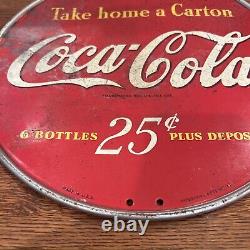 Antique Coca Cola Take Home A Carton Metal Round Double Sided Sign US MADE