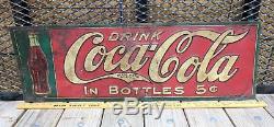 Antique Drink COCA COLA Sign In Bottles 5¢ Metal Tin Elwood Myers Co Ca 1915