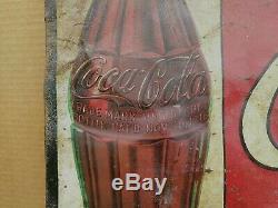 Antique Ice Cold COCA COLA Sold Here Sign Metal Tin Embossed Tacker Circa 1920