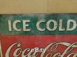 Antique Ice Cold COCA COLA Sold Here Sign Metal Tin Embossed Tacker Circa 1920