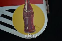 Antique NOS Double Sided COCA-COLA FLANGE ADVERTISING SIGN with support bracket