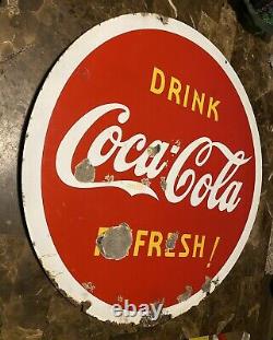 Antique Original Coca Cola Soda Double Sided Lollipop Porcelain Advertising Sign