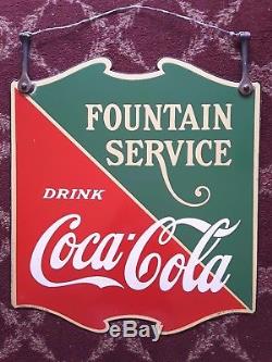 Antique Porcelain Embossed Coca-Cola Fountain Service Sign Double Sided 1934