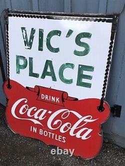 Antique Vintage California Tavern Store Large Porcelain 2 Side Coca Cola Sign