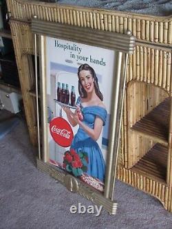 Art Deco 1948 Framed Coca Cola Hospitality Sign Coke 32x21 Wood Paper Tin RARE