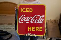 BEAUTIFUL 1949 Coca-Cola Iced Here porcelain flange sign