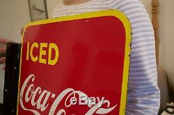 BEAUTIFUL 1949 Coca-Cola Iced Here porcelain flange sign