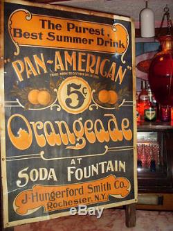 C1901 Pan-American ORANGEADE 5c Soda Fountain Cola embossed sidewalk sign V RARE