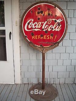 COCA COLA 1938 LOLLIPOP SIGN WITH BASE 2 SIDED PORCELAIN Coke Button