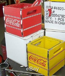 COCA COLA COKE WOOD CRATE CANDLE HOLDER SET With GLASS INSERT NEW IN BOX RED & YEL