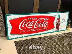 COCA COLA FISHTAIL LARGE EMBOSSED METAL ADVERTISING SIGN (54x 18) NEAR MINT