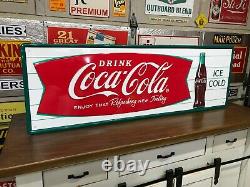 COCA COLA FISHTAIL LARGE, EMBOSSED METAL ADVERTISING SIGN (54x 18) NEAR MINT