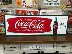 COCA COLA FISHTAIL LARGE, EMBOSSED METAL ADVERTISING SIGN (54x 18) NEAR MINT