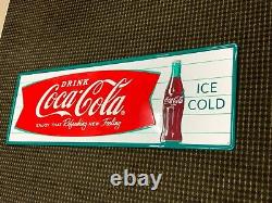 COCA COLA FISHTAIL LARGE EMBOSSED METAL ADVERTISING SIGN (54x 18) NEAR MINT