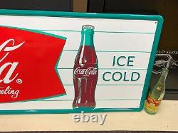 COCA COLA FISHTAIL LARGE EMBOSSED METAL ADVERTISING SIGN (54x 18) NEAR MINT