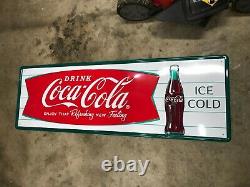 COCA COLA FISHTAIL LARGE, EMBOSSED METAL ADVERTISING SIGN (54x 18) NEAR MINT