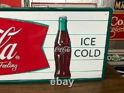 COCA COLA FISHTAIL LARGE, EMBOSSED METAL ADVERTISING SIGN (54x 18) NEAR MINT